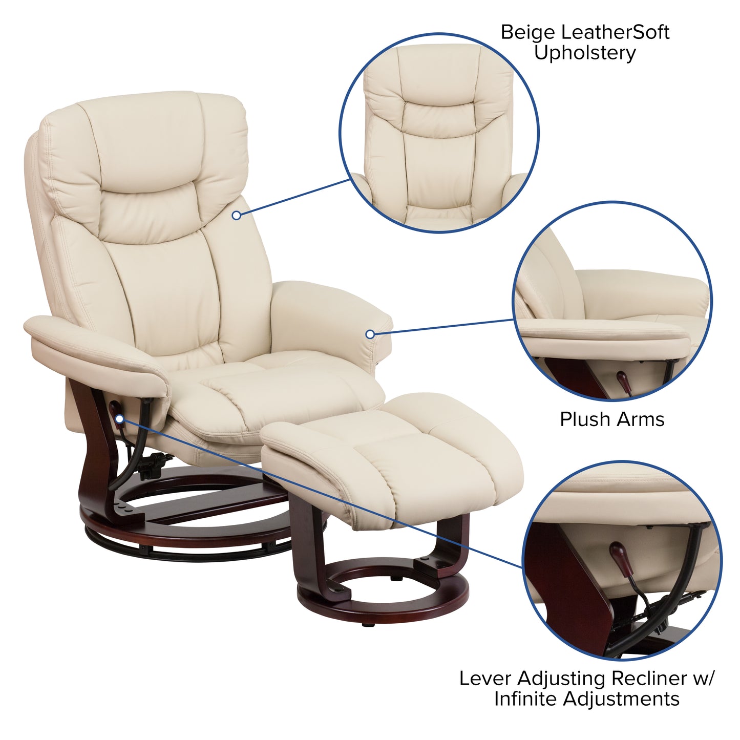 Allie Recliner Chair with Ottoman | Beige LeatherSoft Swivel Recliner Chair with Ottoman Footrest