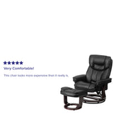 Allie Contemporary Multi-Position Recliner and Curved Ottoman with Swivel Mahogany Wood Base in Black LeatherSoft