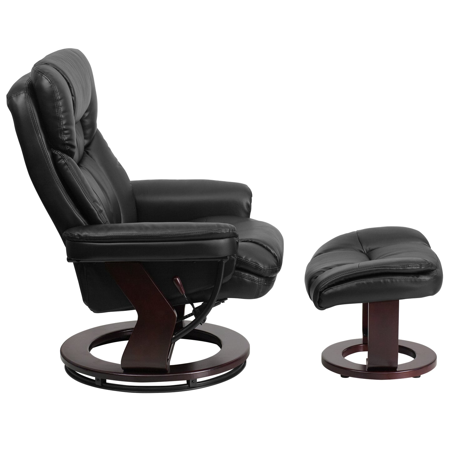 Allie Contemporary Multi-Position Recliner and Curved Ottoman with Swivel Mahogany Wood Base in Black LeatherSoft