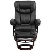 Allie Contemporary Multi-Position Recliner and Curved Ottoman with Swivel Mahogany Wood Base in Black LeatherSoft