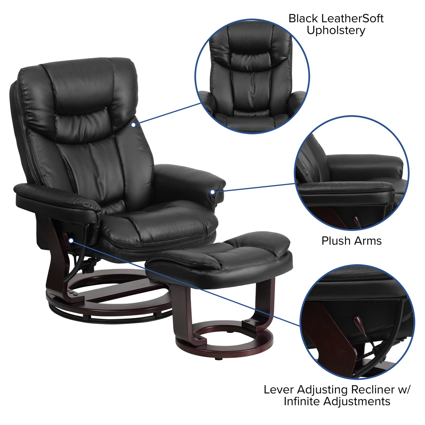 Allie Contemporary Multi-Position Recliner and Curved Ottoman with Swivel Mahogany Wood Base in Black LeatherSoft