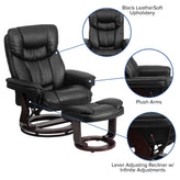 Allie Contemporary Multi-Position Recliner and Curved Ottoman with Swivel Mahogany Wood Base in Black LeatherSoft