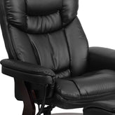 Allie Contemporary Multi-Position Recliner and Curved Ottoman with Swivel Mahogany Wood Base in Black LeatherSoft