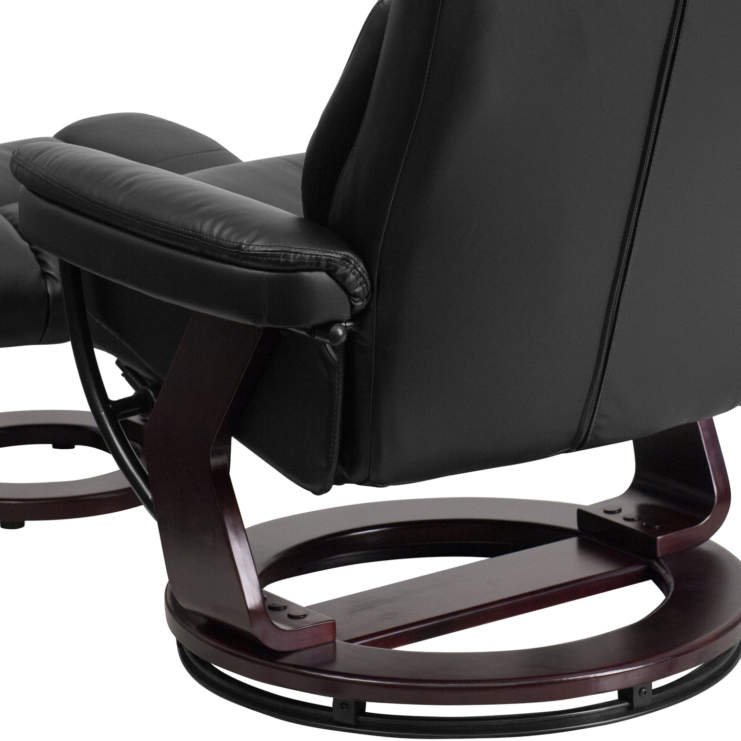 Allie Contemporary Multi-Position Recliner and Curved Ottoman with Swivel Mahogany Wood Base in Black LeatherSoft