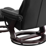 Allie Contemporary Multi-Position Recliner and Curved Ottoman with Swivel Mahogany Wood Base in Black LeatherSoft