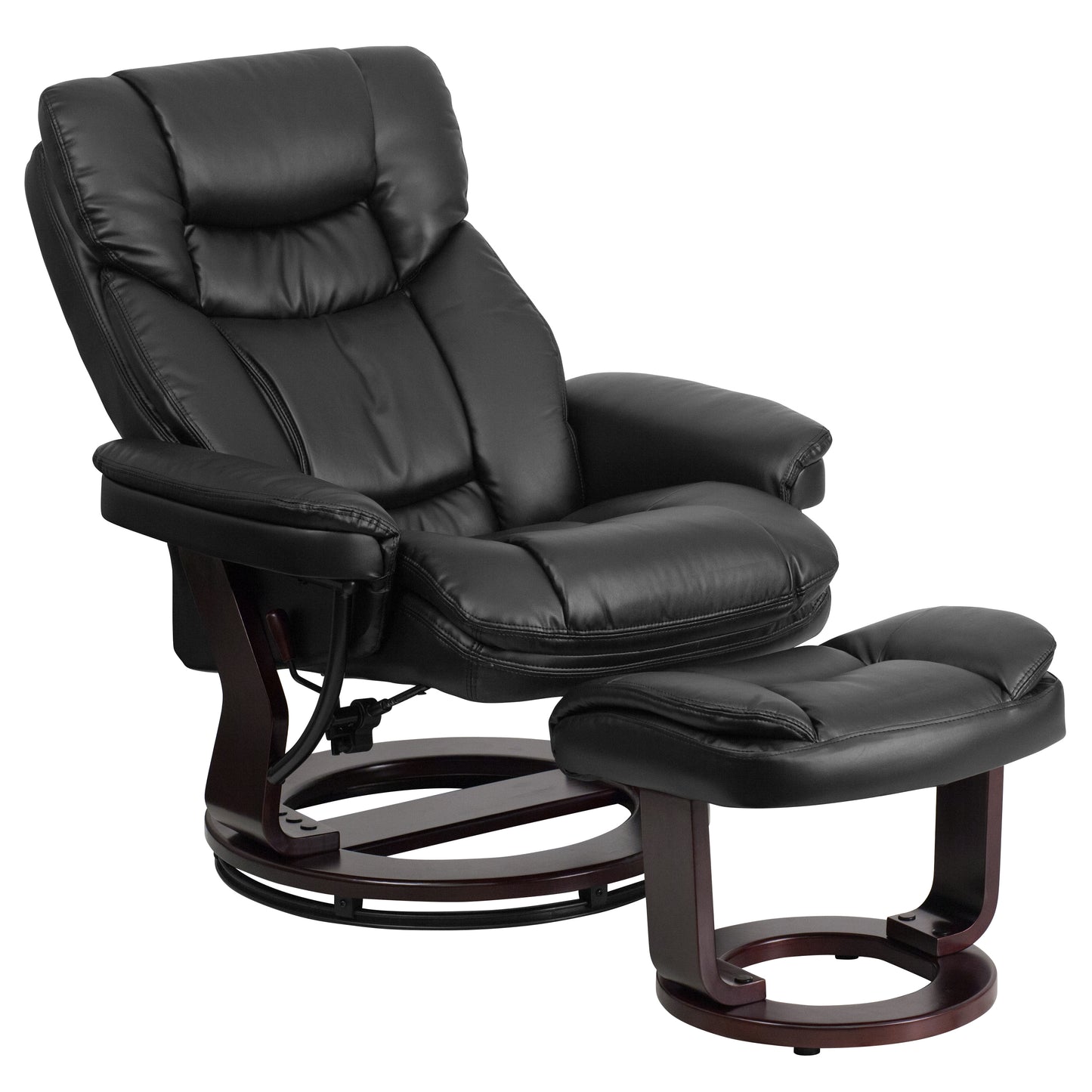 Allie Contemporary Multi-Position Recliner and Curved Ottoman with Swivel Mahogany Wood Base in Black LeatherSoft