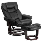 Allie Contemporary Multi-Position Recliner and Curved Ottoman with Swivel Mahogany Wood Base in Black LeatherSoft