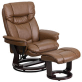 Allie Contemporary Multi-Position Recliner and Curved Ottoman with Swivel Mahogany Wood Base in Palimino LeatherSoft