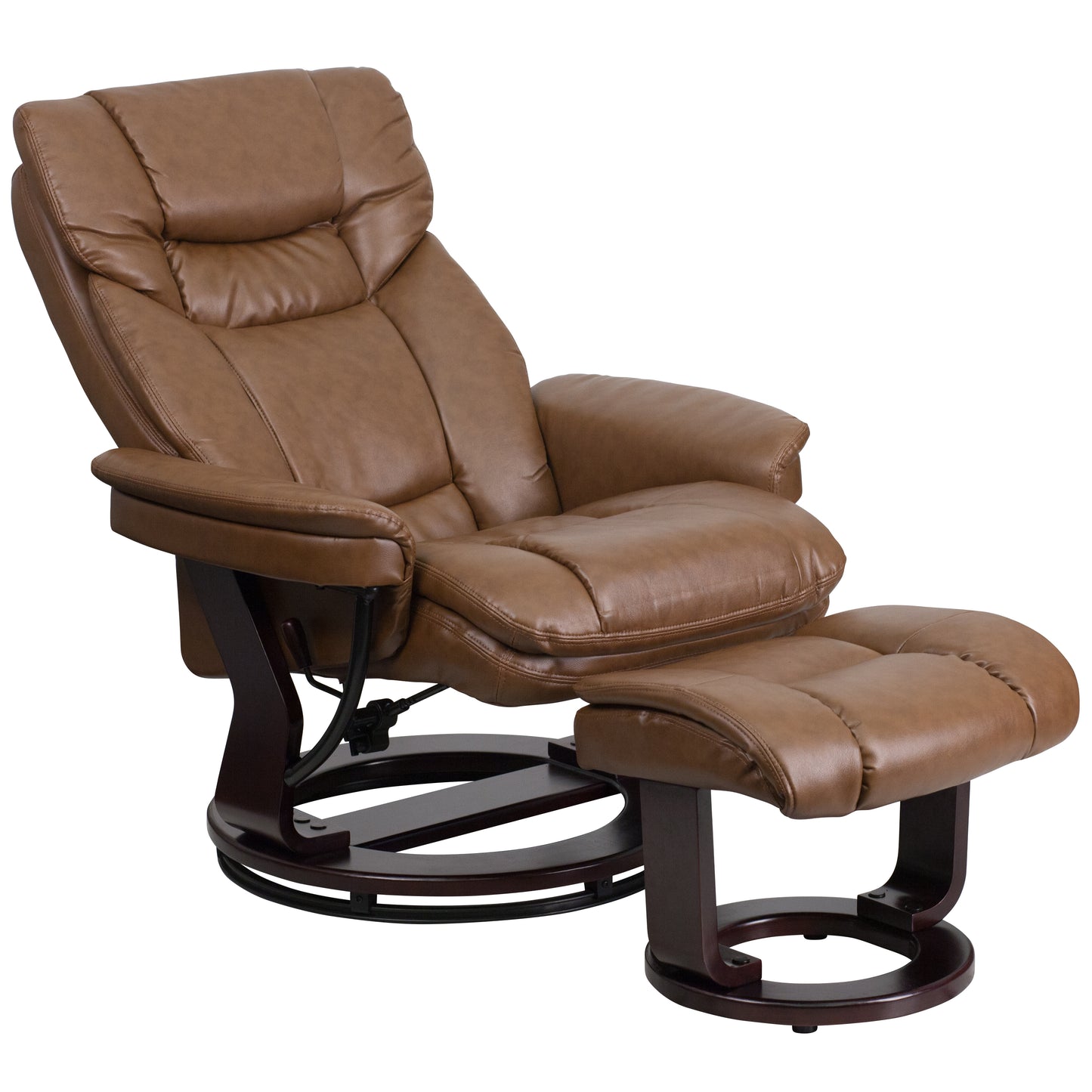 Allie Contemporary Multi-Position Recliner and Curved Ottoman with Swivel Mahogany Wood Base in Palimino LeatherSoft
