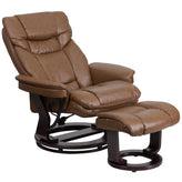 Allie Contemporary Multi-Position Recliner and Curved Ottoman with Swivel Mahogany Wood Base in Palimino LeatherSoft