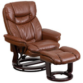 Allie Contemporary Multi-Position Recliner and Curved Ottoman with Swivel Mahogany Wood Base in Brown Vintage LeatherSoft
