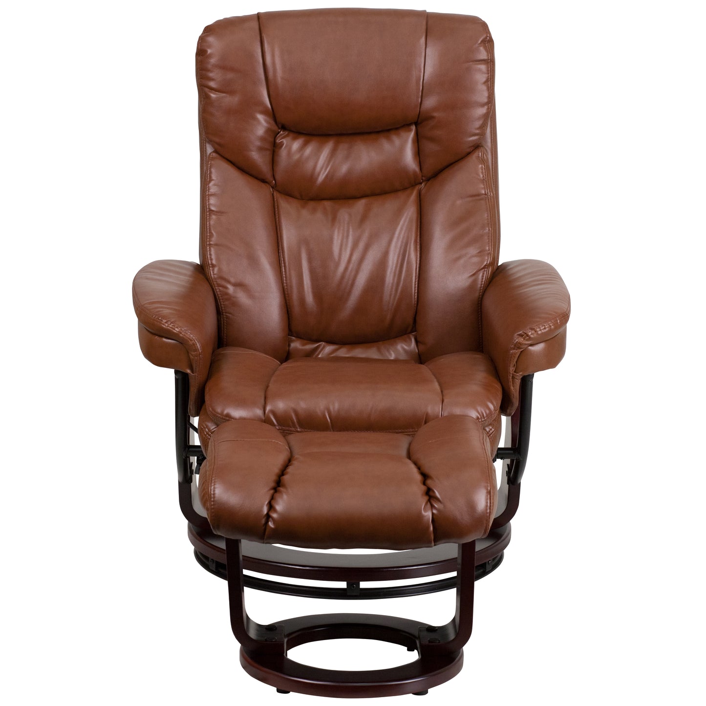 Allie Contemporary Multi-Position Recliner and Curved Ottoman with Swivel Mahogany Wood Base in Brown Vintage LeatherSoft