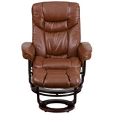 Allie Contemporary Multi-Position Recliner and Curved Ottoman with Swivel Mahogany Wood Base in Brown Vintage LeatherSoft