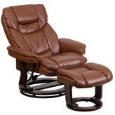 Allie Contemporary Multi-Position Recliner and Curved Ottoman with Swivel Mahogany Wood Base in Brown Vintage LeatherSoft