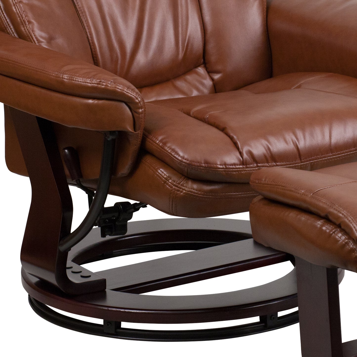 Allie Contemporary Multi-Position Recliner and Curved Ottoman with Swivel Mahogany Wood Base in Brown Vintage LeatherSoft