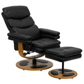 Whitney Contemporary Multi-Position Recliner and Ottoman with Wood Base in Black LeatherSoft