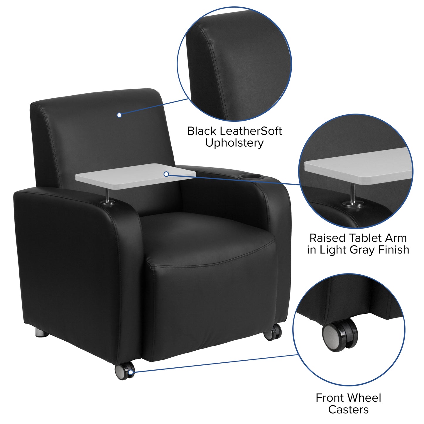 George Black LeatherSoft Guest Chair with Tablet Arm, Front Wheel Casters and Cup Holder