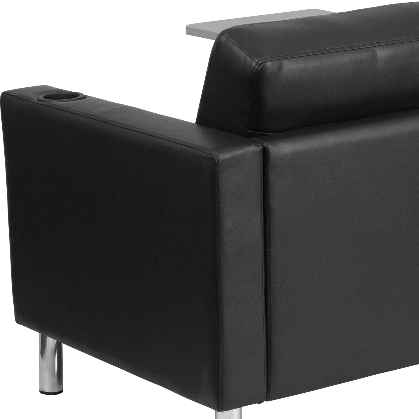 George Black LeatherSoft Guest Chair with Tablet Arm, Tall Chrome Legs and Cup Holder