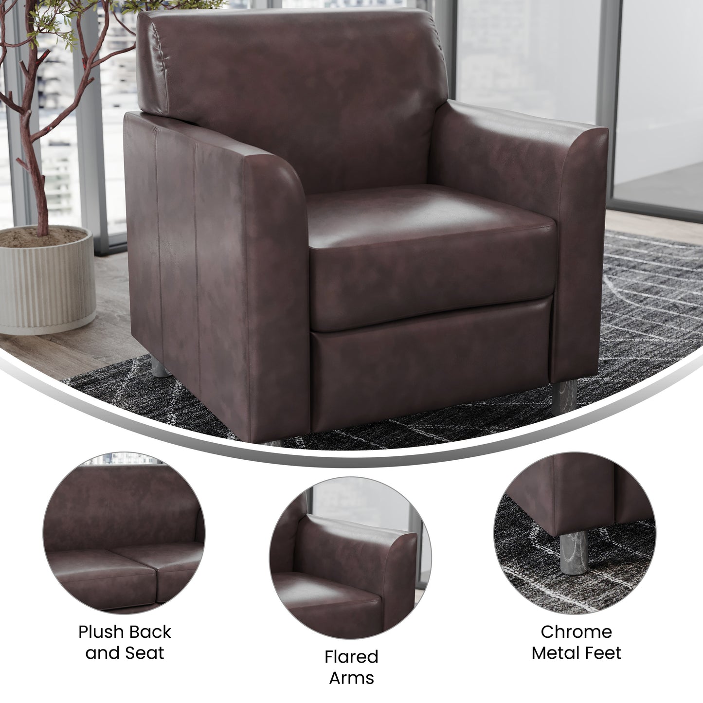 HERCULES Diplomat Brown LeatherSoft Chair with Clean Line-Stitched Frame and Chrome Legs