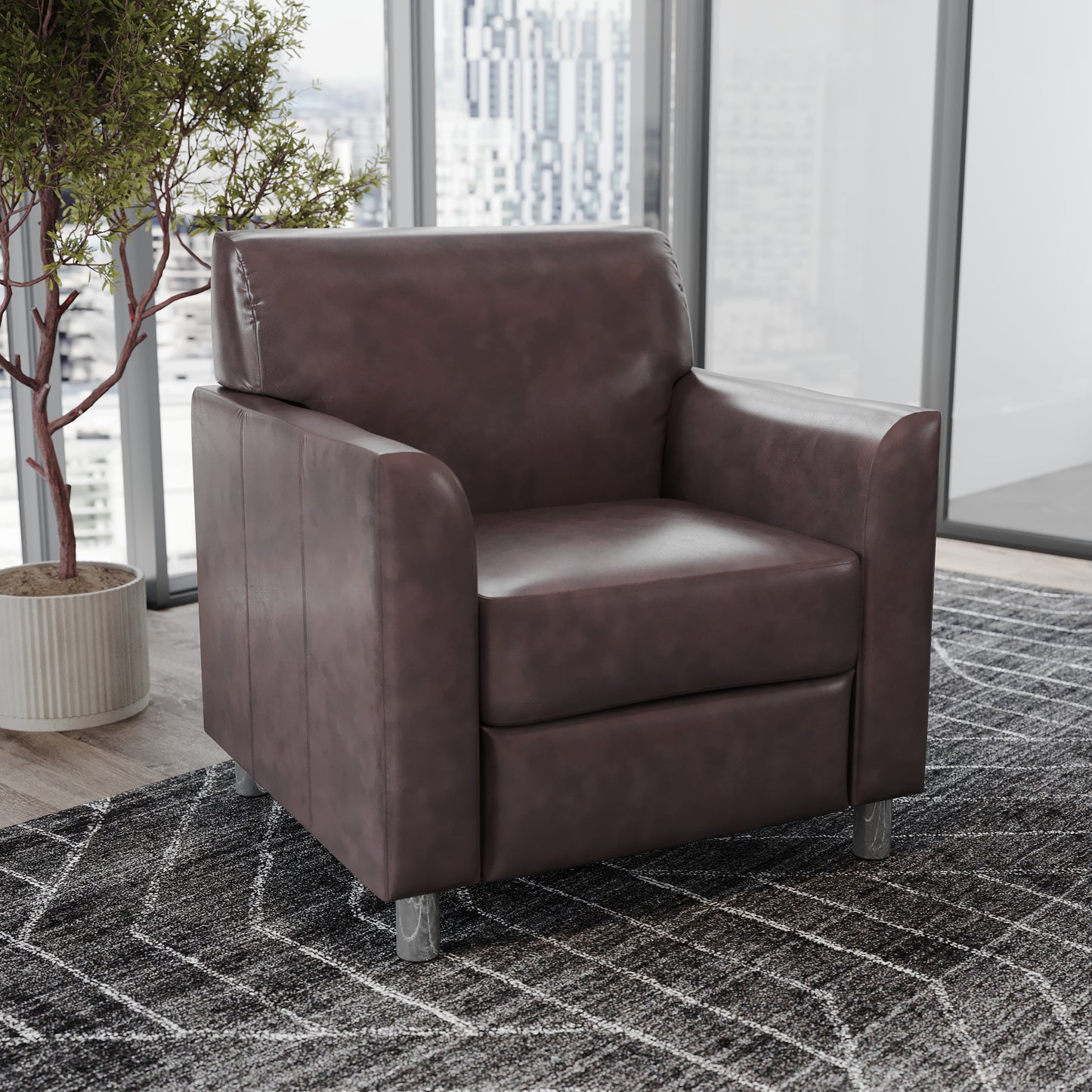 HERCULES Diplomat Brown LeatherSoft Chair with Clean Line-Stitched Frame and Chrome Legs