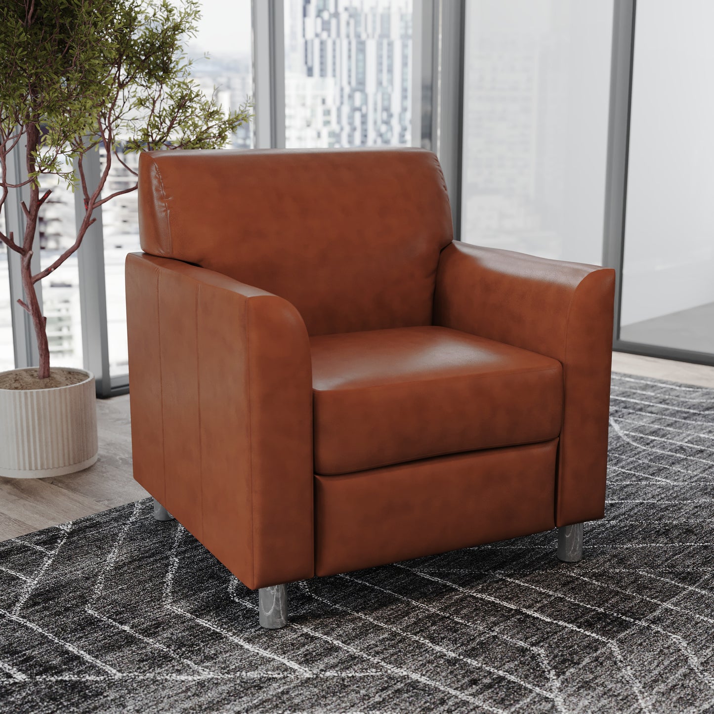 HERCULES Diplomat Cognac LeatherSoft Chair with Clean Line-Stitched Frame and Chrome Legs