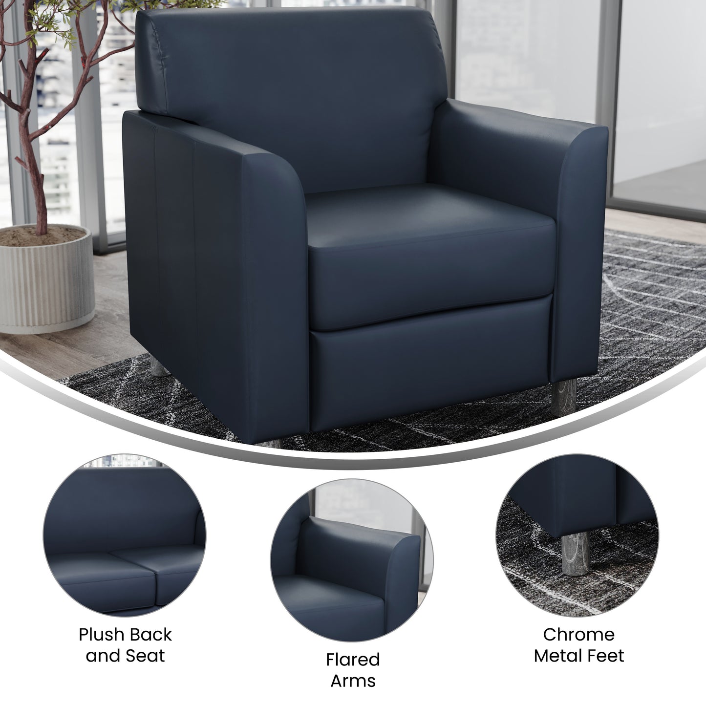 HERCULES Diplomat Navy LeatherSoft Chair with Clean Line-Stitched Frame and Chrome Legs
