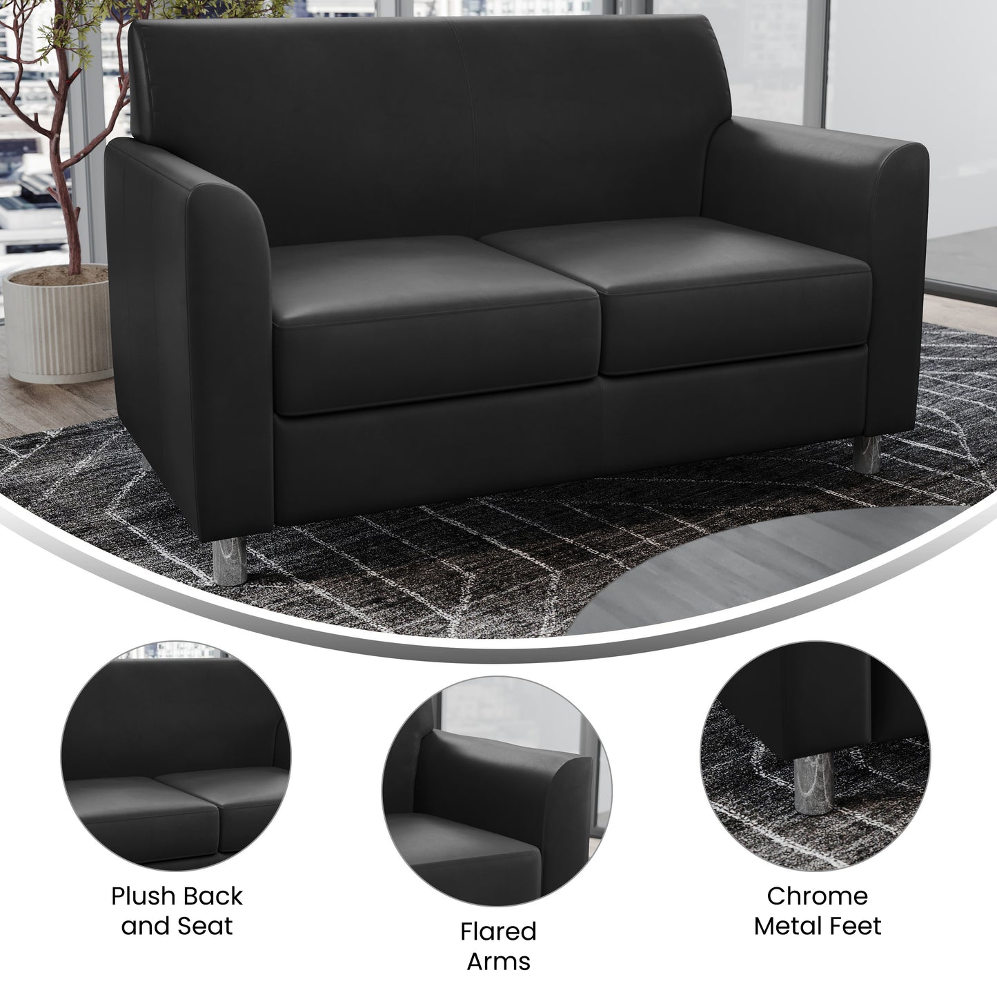 HERCULES Diplomat Black LeatherSoft Loveseat with Clean Line-Stitched Frame and Chrome Legs