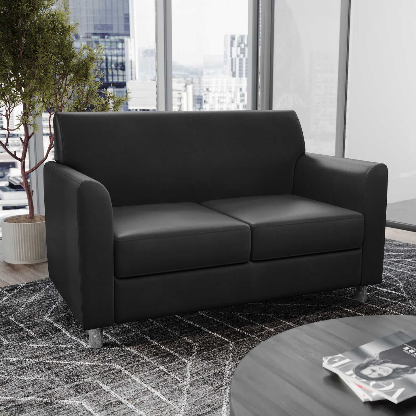 HERCULES Diplomat Black LeatherSoft Loveseat with Clean Line-Stitched Frame and Chrome Legs