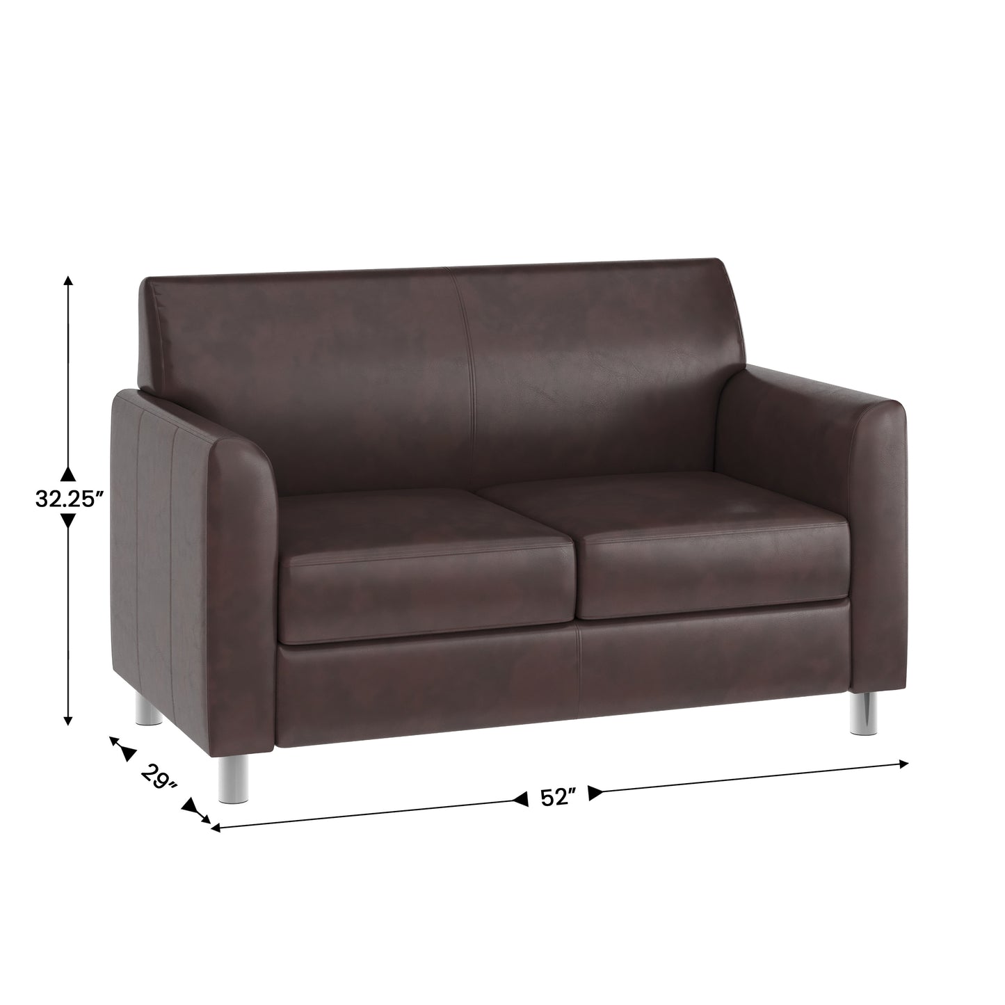 HERCULES Diplomat Brown LeatherSoft Loveseat with Clean Line-Stitched Frame and Chrome Legs