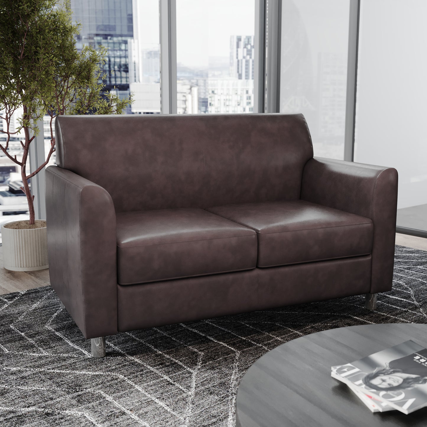 HERCULES Diplomat Brown LeatherSoft Loveseat with Clean Line-Stitched Frame and Chrome Legs