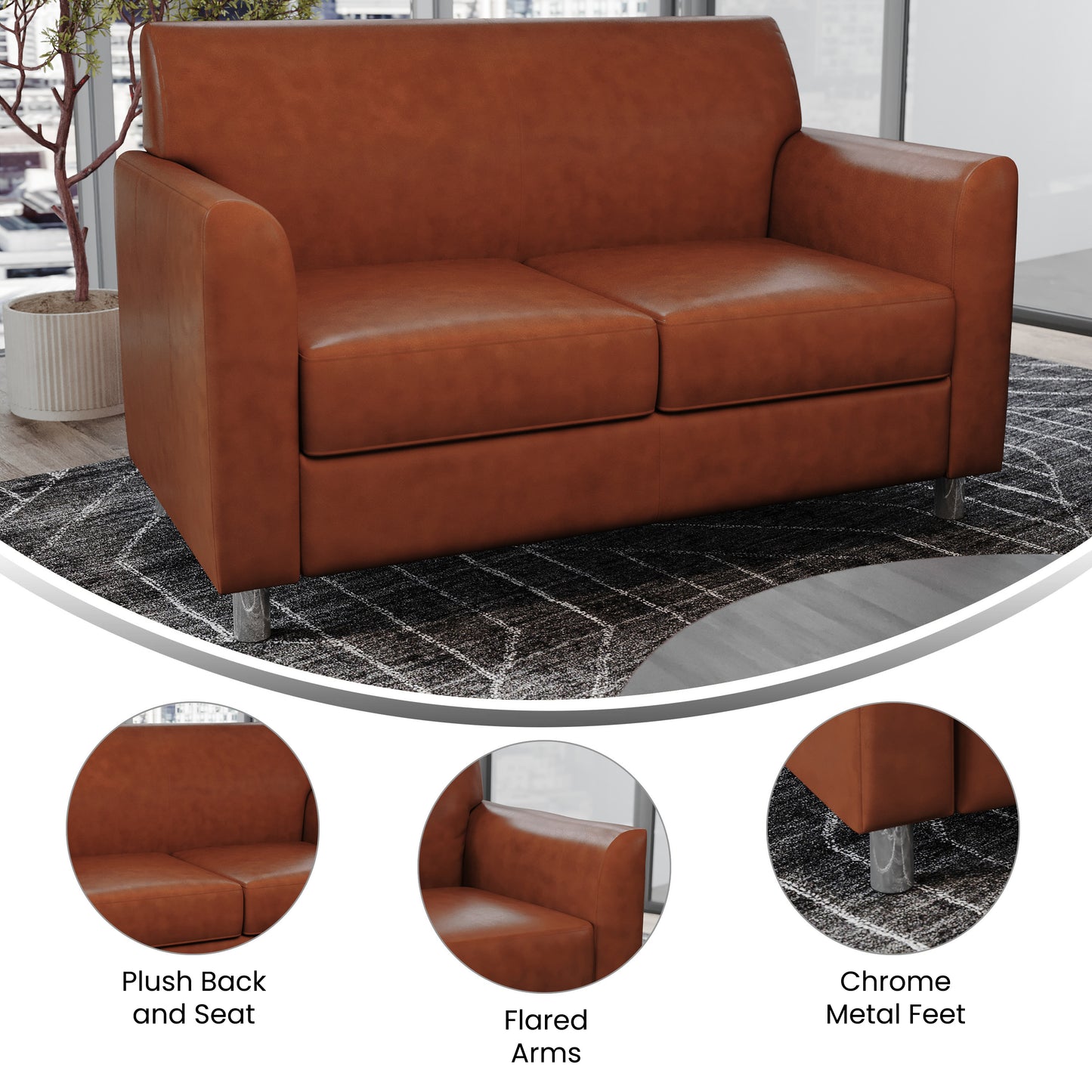 HERCULES Diplomat Cognac LeatherSoft Loveseat with Clean Line-Stitched Frame and Chrome Legs