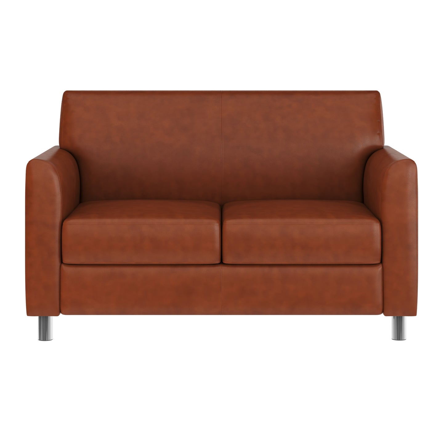 HERCULES Diplomat Cognac LeatherSoft Loveseat with Clean Line-Stitched Frame and Chrome Legs