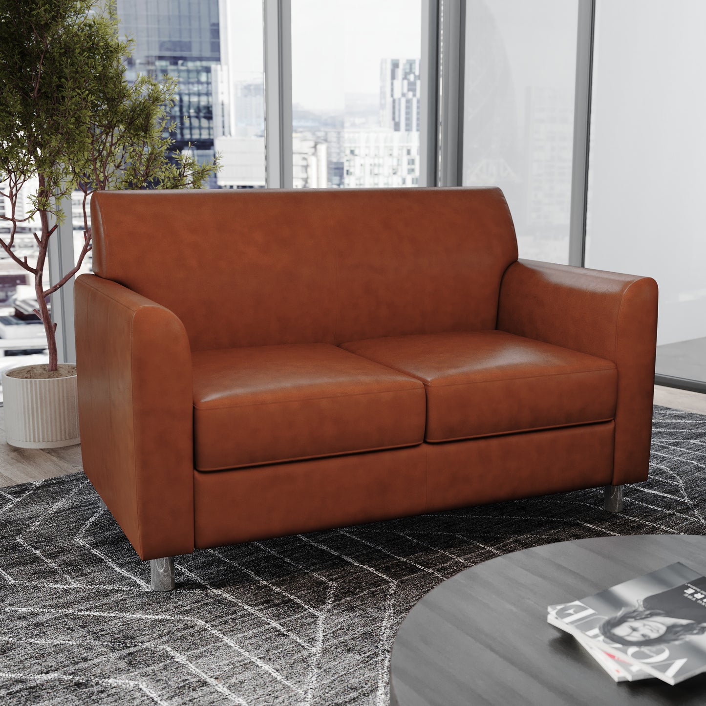 HERCULES Diplomat Cognac LeatherSoft Loveseat with Clean Line-Stitched Frame and Chrome Legs