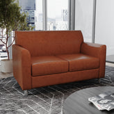 HERCULES Diplomat Cognac LeatherSoft Loveseat with Clean Line-Stitched Frame and Chrome Legs