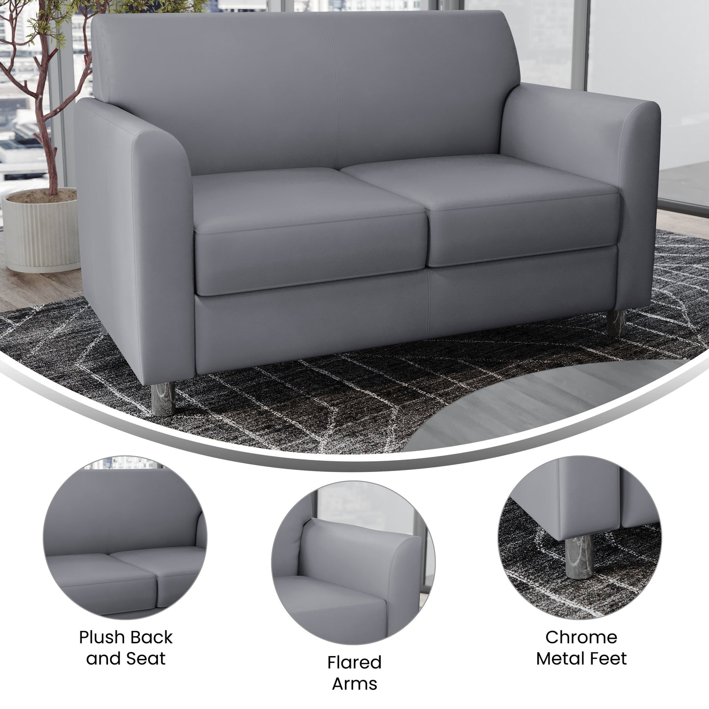 HERCULES Diplomat Gray LeatherSoft Loveseat with Clean Line-Stitched Frame and Chrome Legs