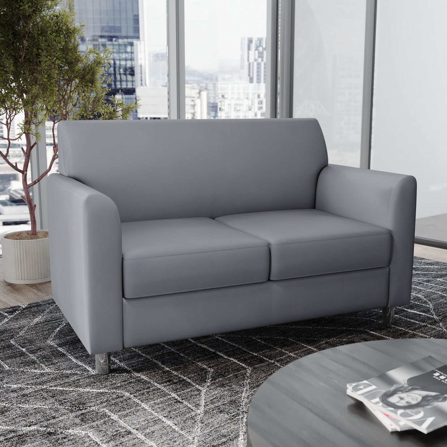 HERCULES Diplomat Gray LeatherSoft Loveseat with Clean Line-Stitched Frame and Chrome Legs