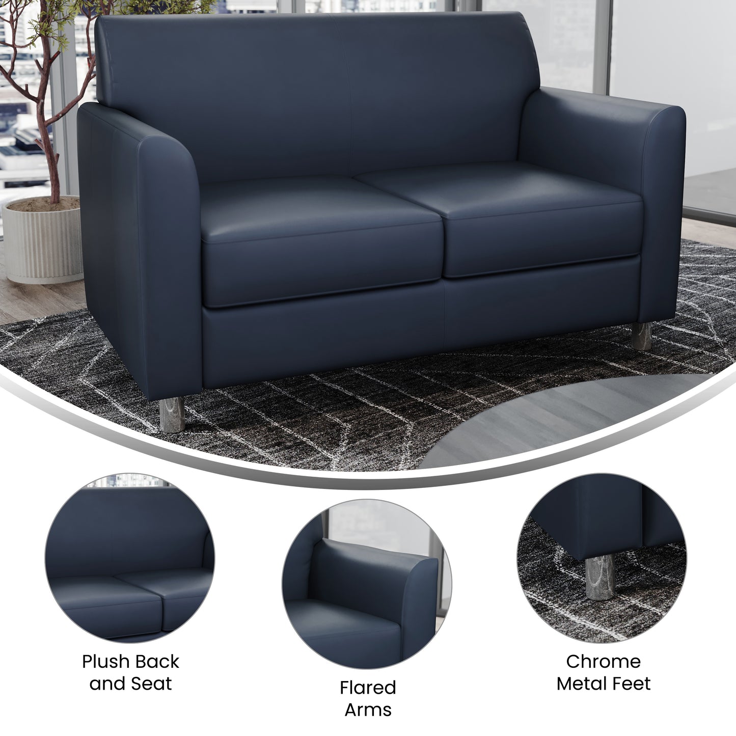 HERCULES Diplomat Navy LeatherSoft Loveseat with Clean Line-Stitched Frame and Chrome Legs