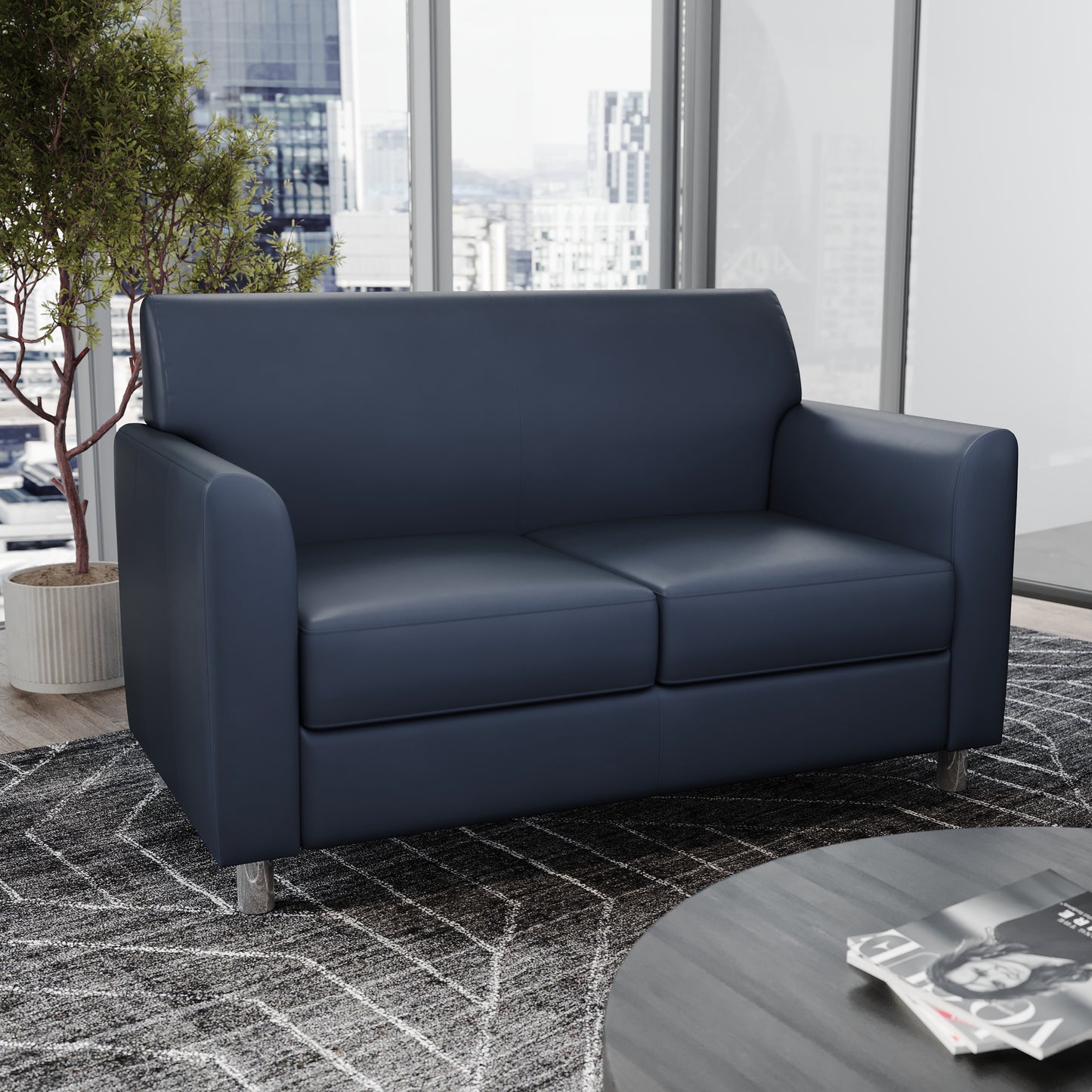 HERCULES Diplomat Navy LeatherSoft Loveseat with Clean Line-Stitched Frame and Chrome Legs