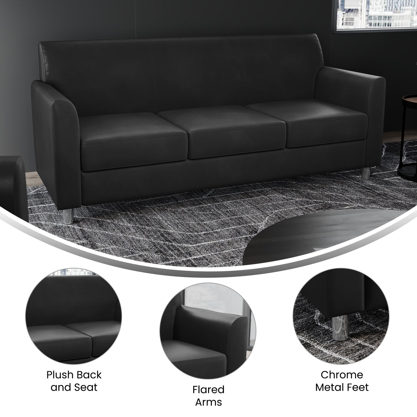 HERCULES Diplomat Black LeatherSoft Sofa with Clean Line-Stitched Frame and Chrome Legs