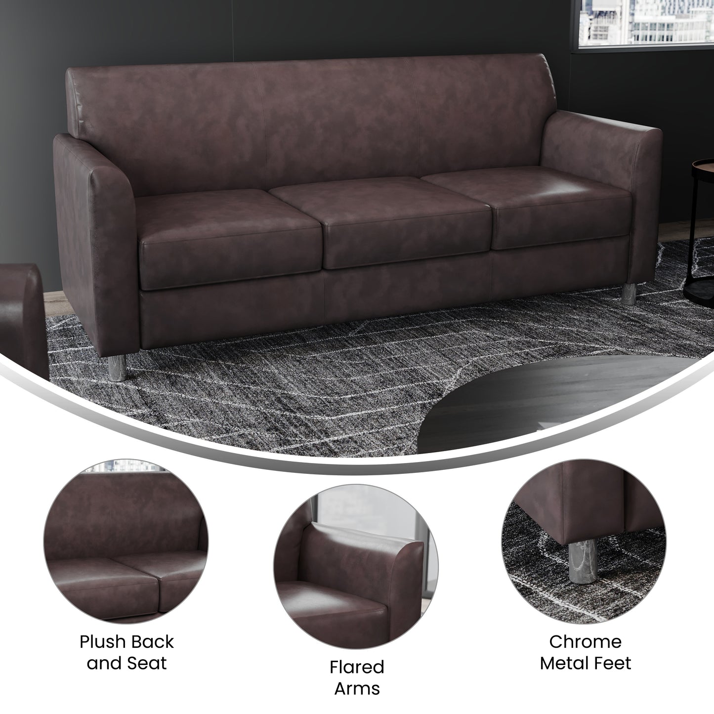 HERCULES Diplomat Brown LeatherSoft Sofa with Clean Line-Stitched Frame and Chrome Legs