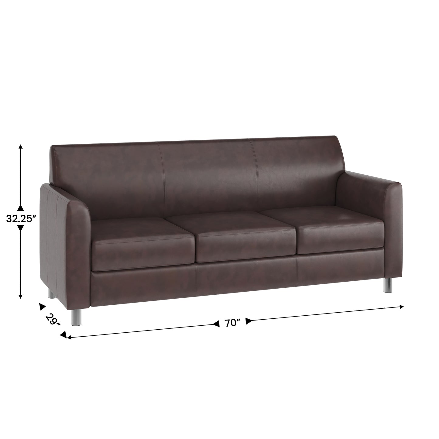 HERCULES Diplomat Brown LeatherSoft Sofa with Clean Line-Stitched Frame and Chrome Legs