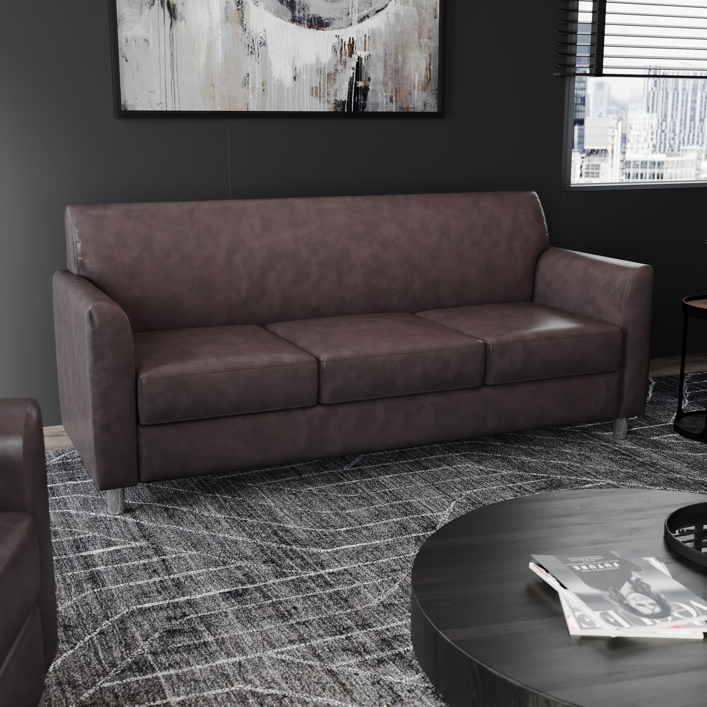HERCULES Diplomat Brown LeatherSoft Sofa with Clean Line-Stitched Frame and Chrome Legs