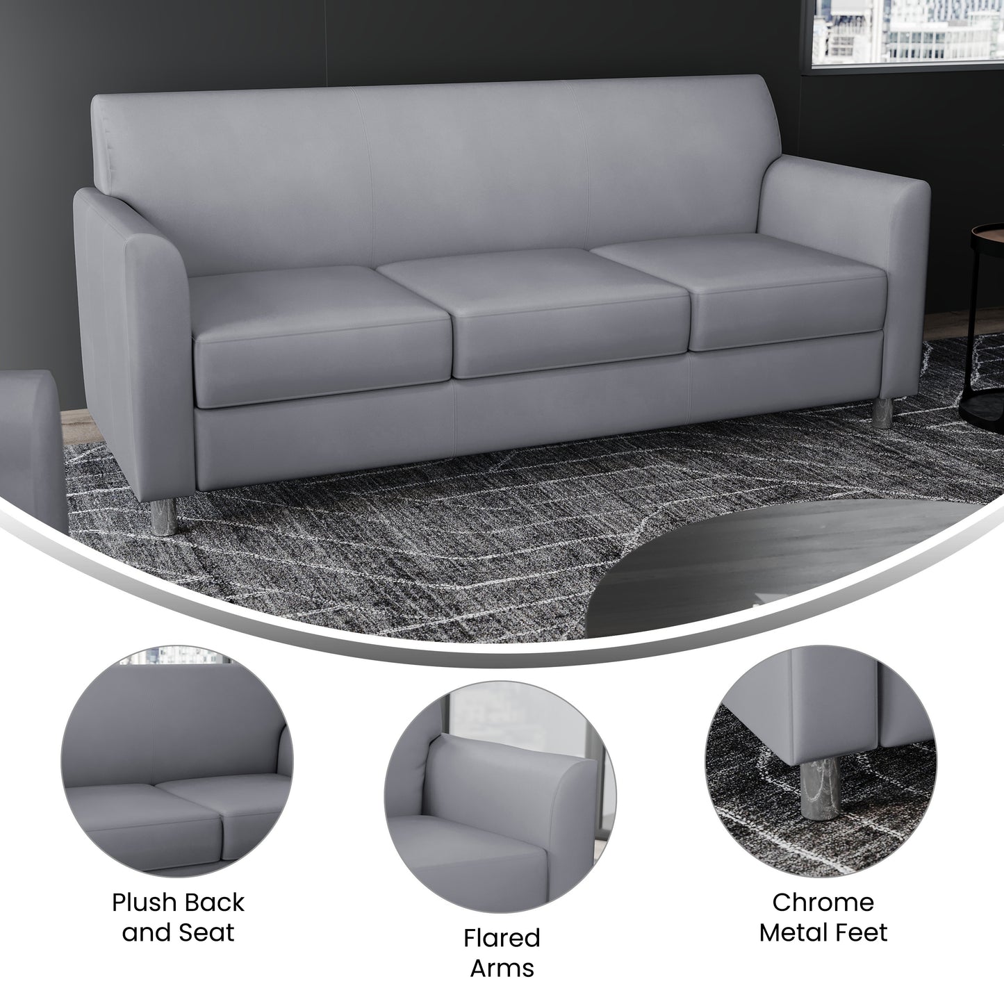 HERCULES Diplomat Gray LeatherSoft Sofa with Clean Line-Stitched Frame and Chrome Legs