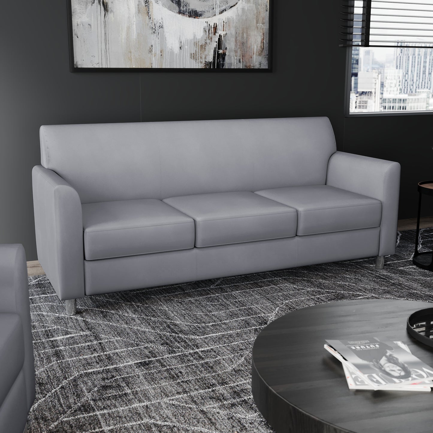 HERCULES Diplomat Gray LeatherSoft Sofa with Clean Line-Stitched Frame and Chrome Legs