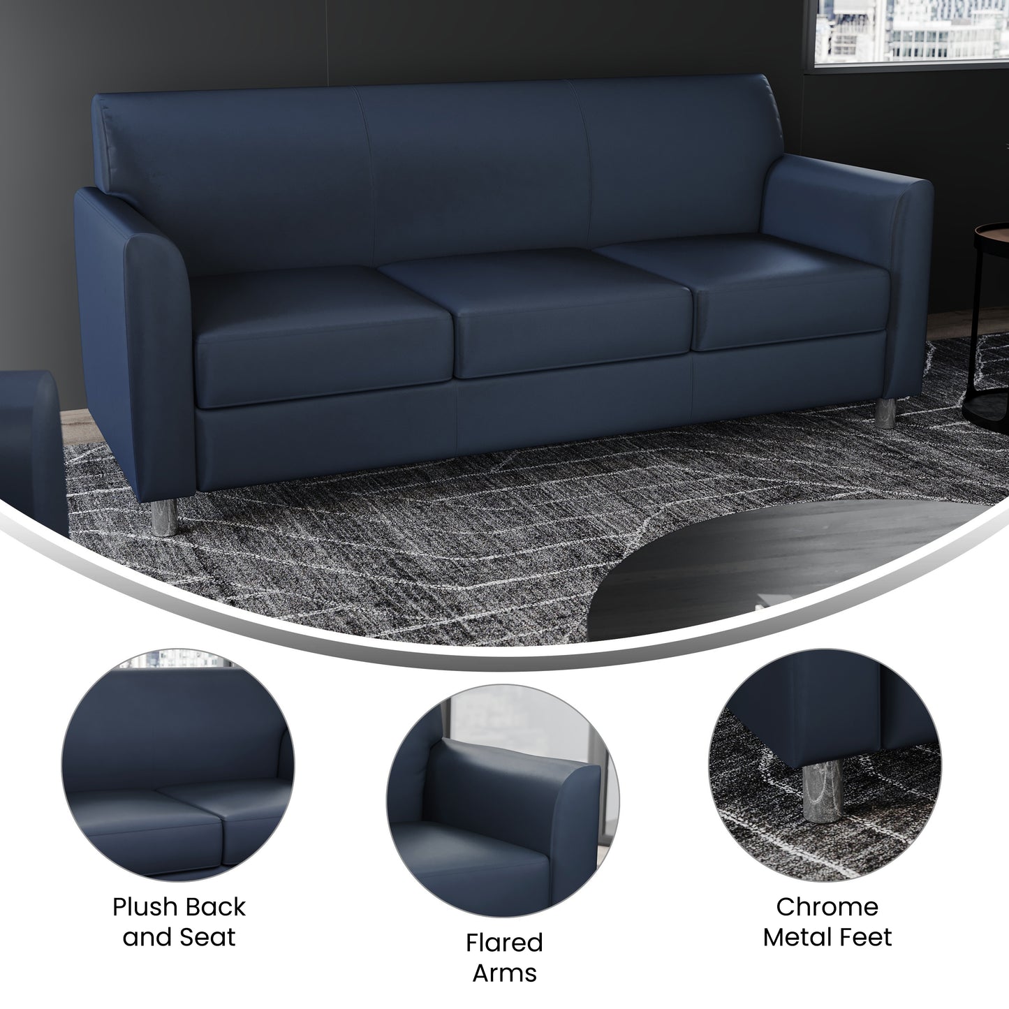 HERCULES Diplomat Navy LeatherSoft Sofa with Clean Line-Stitched Frame and Chrome Legs