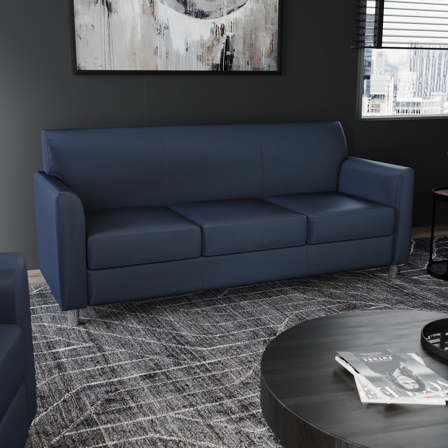 HERCULES Diplomat Navy LeatherSoft Sofa with Clean Line-Stitched Frame and Chrome Legs