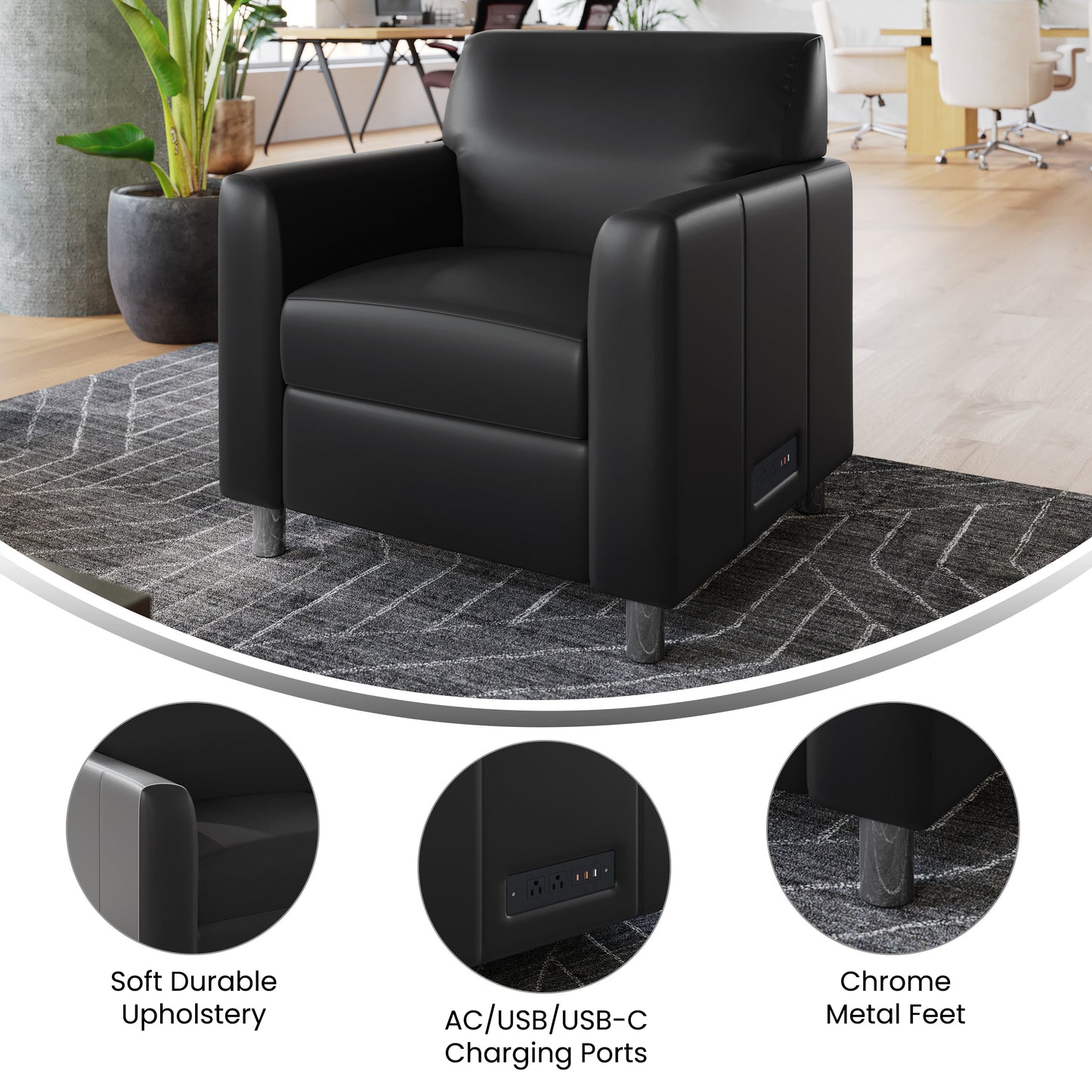 Agent Black LeatherSoft Reception Chair with Right Side Charging Bank, Includes 2 Outlets, 2USB Ports, 1 USB-C Port, Chrome Legs