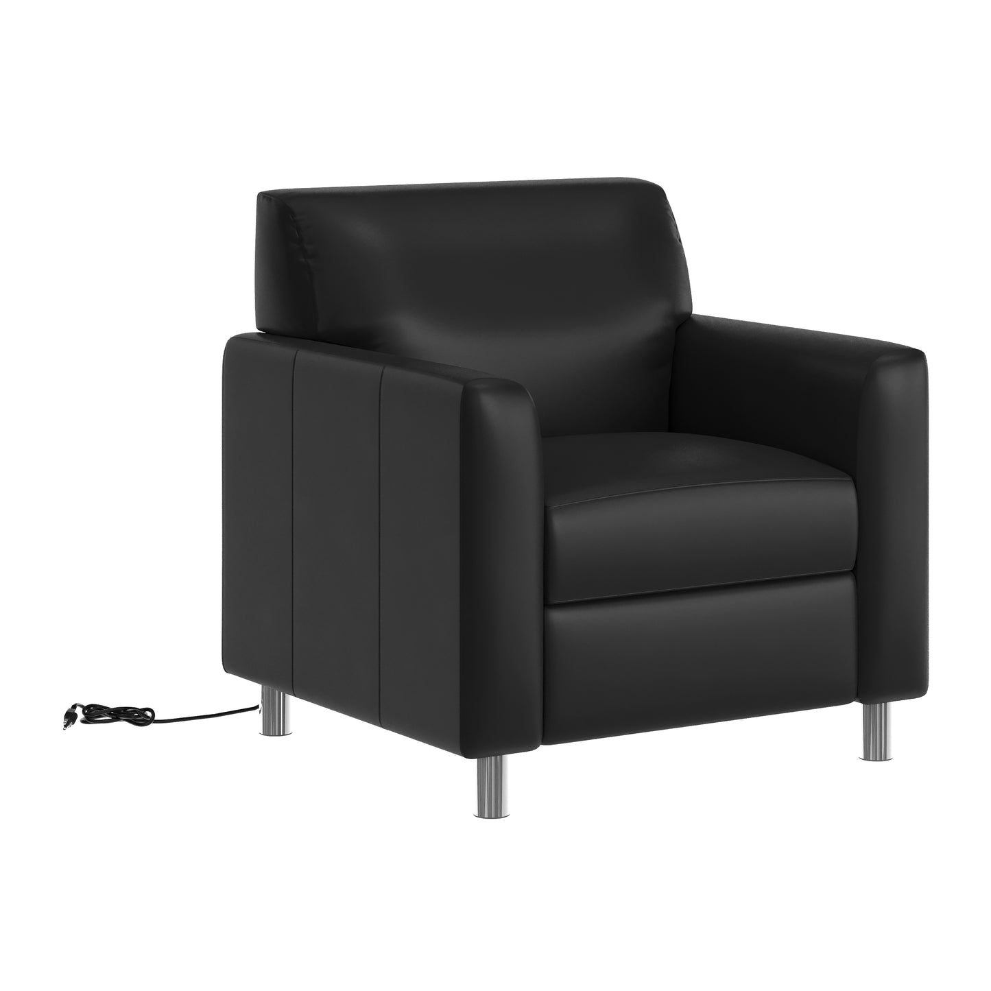 Agent Black LeatherSoft Reception Chair with Right Side Charging Bank, Includes 2 Outlets, 2USB Ports, 1 USB-C Port, Chrome Legs