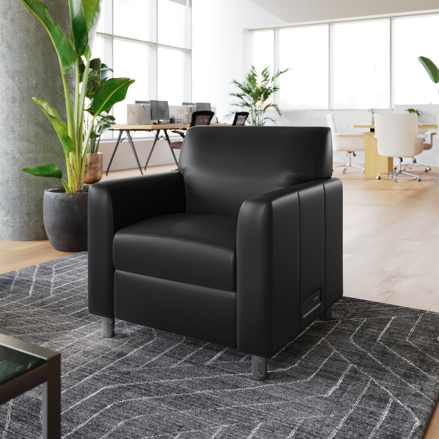 Agent Black LeatherSoft Reception Chair with Right Side Charging Bank, Includes 2 Outlets, 2USB Ports, 1 USB-C Port, Chrome Legs