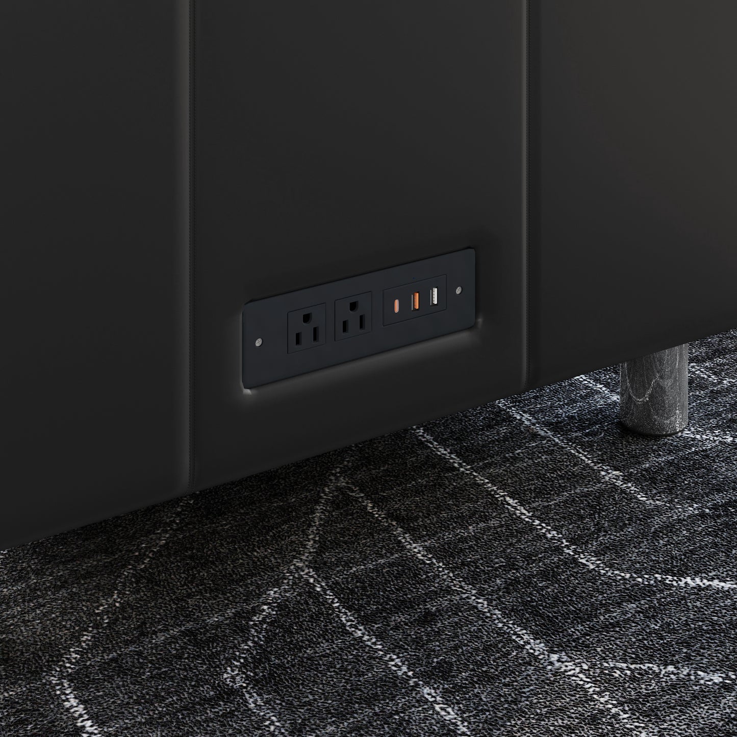 Agent Black LeatherSoft Reception Chair with Right Side Charging Bank, Includes 2 Outlets, 2USB Ports, 1 USB-C Port, Chrome Legs